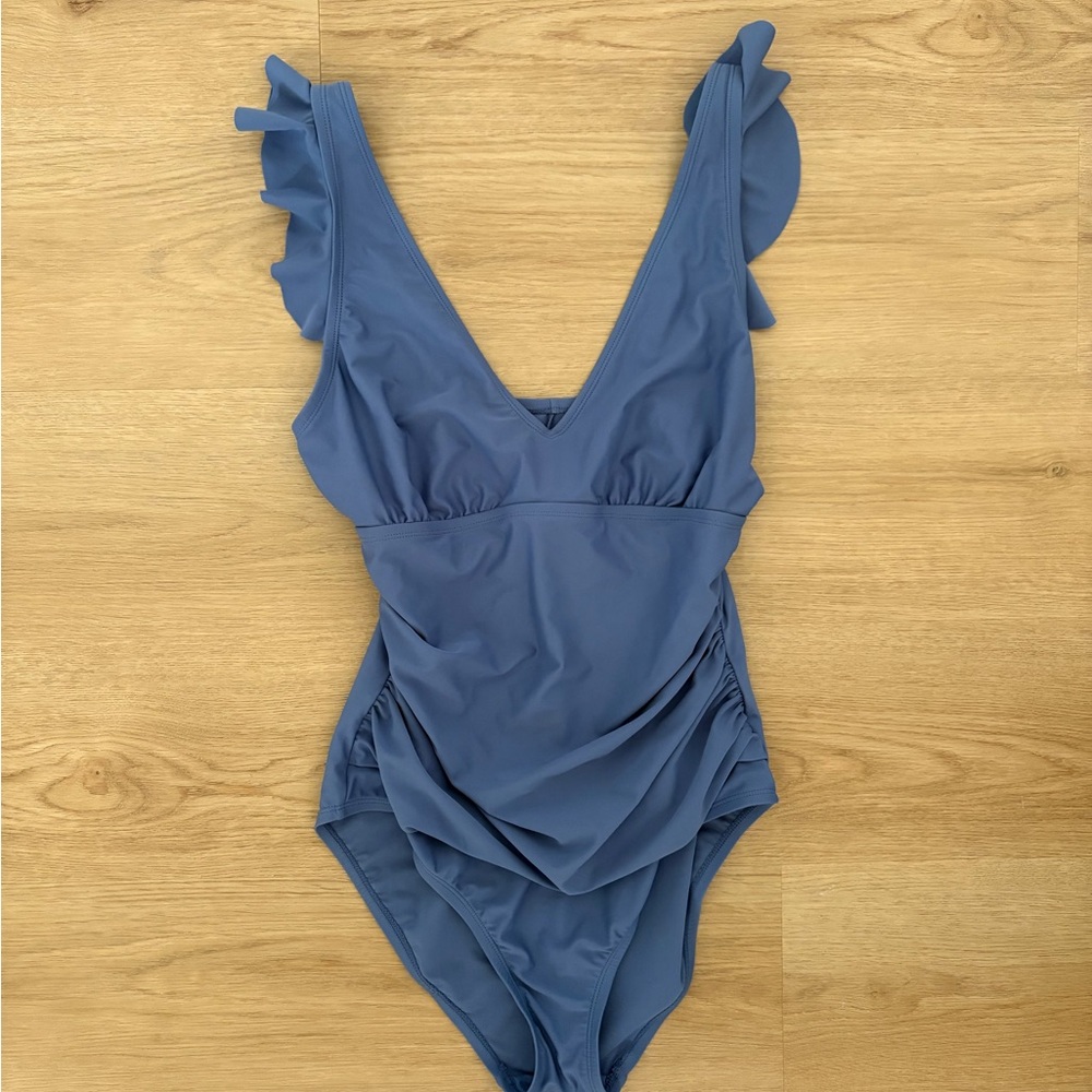 Ellen Tracy Blue Ruffle Strap One-Piece Swimsuit